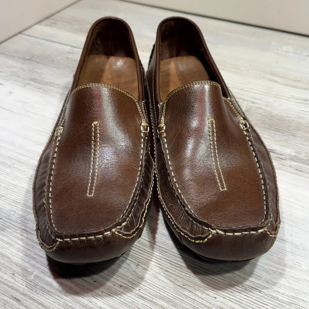 Clark's Driving Loafers Men 10.5 Brown Slip On Leather Loafers Stitching England